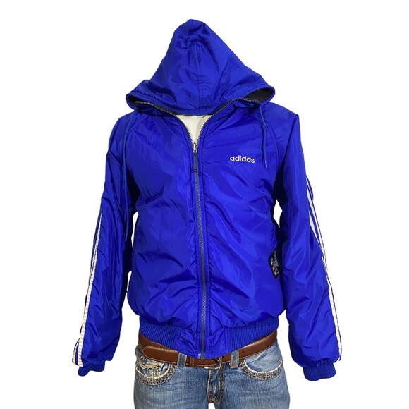Adidas Reversible Coat Tre-Foil Blue & Black 3 Stripes Mens Vintage 90s Medium - Picture 1 of 11
